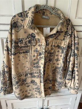 Blue B Beige and Black Bandana Print Button-Up Jacket
